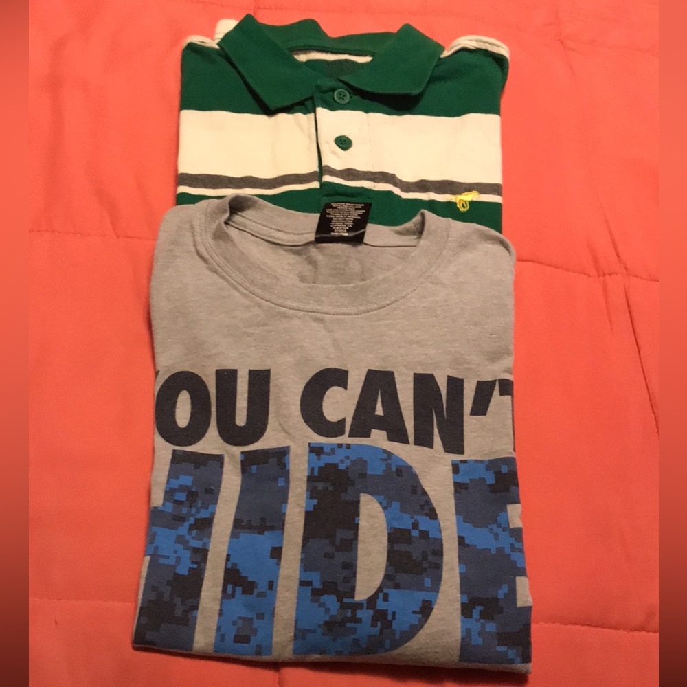 C) 2 Boys Long Sleeve Shirt Bundle Green one has call out in pic